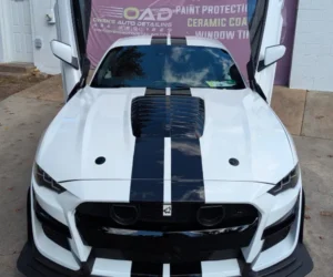 A front three-quarter view of a black &white sports car parked inside a brightly lit detailing garage, showcasing a high-gloss, reflective ceramic coating finish on the hood and body.